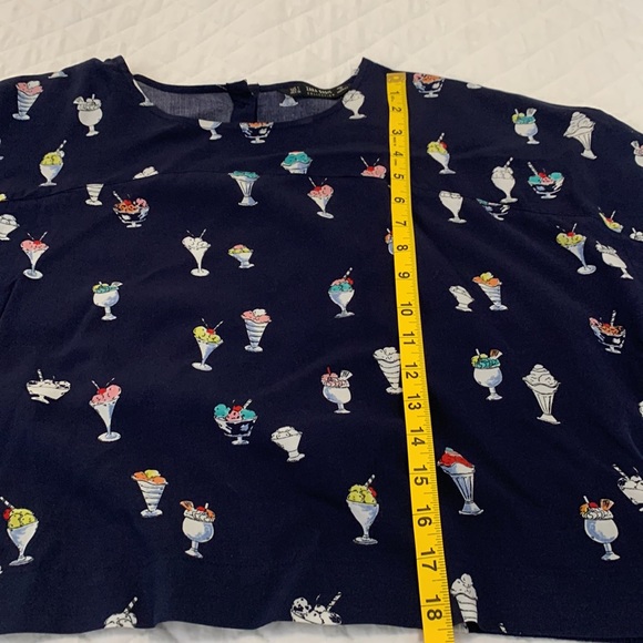 ZARA navy blue top short sleeves ice cream pattern front waist tie size large - Picture 11 of 11